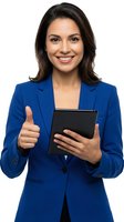Professional businesswoman in blue suit holding tablet showing thumbs up gesture isolated on white background for corporate presentations.