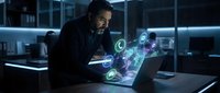 Middle-aged Caucasian businessman working late with holographic digital icons floating above laptop in modern dark office environment for technology concepts.