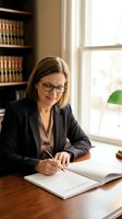 Middle-aged Caucasian female attorney or legal professional wearing glasses and dark blazer, signing documents at wooden desk in law office with bookshelf and window.
