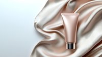 Luxurious cosmetic tube on rose gold silk fabric background with elegant folds and soft shadows, mockup for beauty product presentation and advertising.