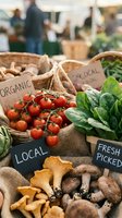 Farmers market display featuring organic local tomatoes on vine, fresh picked spinach, mushrooms and golden chanterelles in woven baskets with chalkboard signs at outdoor produce stand.
