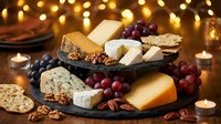 Elegant two-tier slate cheese board with assorted cheeses, grapes, walnuts, and crackers on a wooden table with candles and warm bokeh lights.