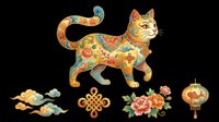 Colorful ornate cat with Chinese folk art motifs, peony, lantern, clouds, and knot accents, isolated on transparent background, ready for stickers, t-shirt design, print on demand.
