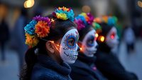 Young woman with traditional Day of Dead sugar skull face paint and colorful flower crown celebrating Dia de los Muertos festival at dusk with blurred people in background.
