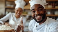 African American male chef smiling and showing thumbs up in professional kitchen with flour and cooking ingredients, coworker in background preparing food.