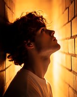 Young Caucasian male with curly hair in profile against brick wall, illuminated by warm sunset light creating dramatic shadows and atmospheric mood for emotional storytelling.