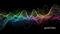 Abstract colorful sound wave visualization with flowing lines on dark background. Digital audio spectrum display for music technology and entertainment.