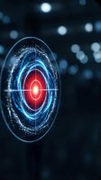 Futuristic holographic interface with glowing red core and blue energy rings on dark background with bokeh lights for technology and sci-fi designs.