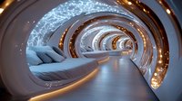 Futuristic tunnel interior with curved white walls, glowing orange lights and blue holographic patterns. Luxurious lounge pods line the corridor in modern design.