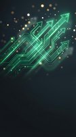 Glowing green neon circuit board arrows pointing upward on dark background with bokeh lights, representing growth, technology, and financial success for business presentations.