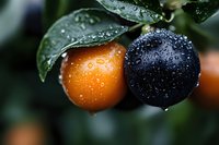 Fresh ripe orange and dark purple citrus fruits with water drops on green leaves, dramatic lighting and shallow depth of field for food photography.