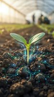 Digital seedling with glowing circuit patterns emerging from soil in greenhouse, representing smart agriculture technology and sustainable farming innovation.
