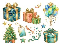 Festive gift boxes, decorated presents, and holiday balloons with stars and ribbons isolated on white background. Watercolor-style illustrations suitable for greeting cards, wrapping paper, and seasonal designs.
