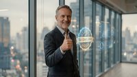Confident mature businessman with gray beard giving thumbs up gesture in modern office with city skyline view, expressing success and approval.