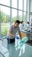 Young Caucasian male scientist analyzing holographic DNA data in modern laboratory with colleagues working in background for medical research.