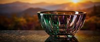Crystal glass bowl with rainbow reflections on wooden surface against mountain sunset backdrop for luxury dining and home decor concepts.