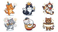 Cartoon cats with crowns and magical elements isolated on white background, ready for children's designs, merchandise, and educational materials.