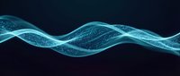 Abstract flowing wave with glowing particles on dark background for digital technology, data visualization, and modern graphic design projects.