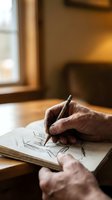 Elderly hands sketching with pen in notebook at wooden table in warm cozy home interior for creative hobbies and artistic expression.