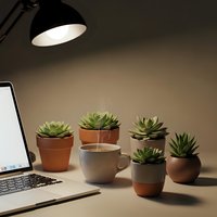 Cozy home office workspace with laptop, coffee cup and small succulent plants in terracotta pots under warm desk lamp lighting for productivity and wellness.