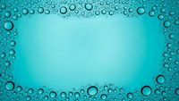 Turquoise water bubbles frame with copy space center for text or design elements. Aqua blue background with oxygen bubbles border pattern.