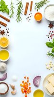 Fresh cooking ingredients frame with herbs, spices, flour and vegetables on white background. Culinary preparation layout for recipe development and food styling.