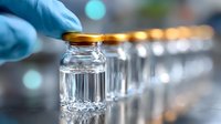 Medical vials with clear liquid arranged in row, gloved hand holding glass container with gold cap, blurred laboratory background with bokeh lights.