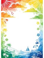 Colorful watercolor summer frame with tropical elements, sun rays, clouds, palm trees, sailboat and beach umbrella on white background for vacation designs.
