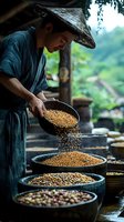Asian farmer in traditional conical hat sorting golden soybeans into wooden bowls at rural farm market. Agricultural harvest processing and organic food preparation.