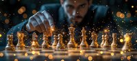 Dramatic chess game scene with bearded male player moving piece on illuminated board with golden bokeh lights and magical dust particles in dark atmosphere.