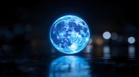 Glowing blue full moon reflecting on dark water surface with bokeh lights in background creating mystical night atmosphere.