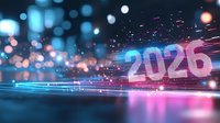 Futuristic digital 2026 number with neon blue and pink light effects on dark background with bokeh and light streaks.