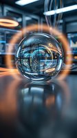 Futuristic glass sphere with digital circuit patterns and holographic displays in modern tech laboratory environment for innovation concepts.