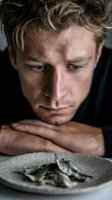 Young Caucasian man with blonde hair looking sadly at empty plate, expressing hunger, poverty, depression or eating disorder in dramatic lighting.