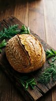 Freshly baked artisan sourdough bread loaf with golden crust on rustic wooden cutting board surrounded by fresh green herbs for bakery and cooking concepts.
