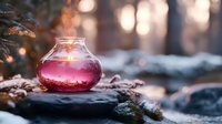 Pink potion in round glass bottle on stone in magical forest setting with soft bokeh lights and mystical atmosphere, fantasy concept for wellness products.