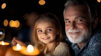 Heartwarming moment between senior man with gray beard and young girl sharing quality time together, warm candlelight and bokeh background creates cozy atmosphere.