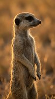 Meerkat standing upright in golden sunset light, alert pose with warm backlighting creating natural wildlife portrait for nature and animal photography projects.
