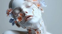 Cracked porcelain face with delicate flowers emerging from fractures, surreal beauty concept for skincare, wellness and transformation themes.