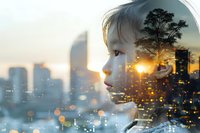 Double exposure portrait combining young Asian child's profile with urban cityscape and tree silhouette at sunset, creating dreamy atmosphere with bokeh light effects.