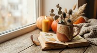 Cozy autumn still life with candles, pumpkins, dried flowers in wooden vase, open book and knitted blanket on windowsill creating warm seasonal home decor atmosphere.