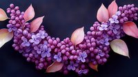 Delicate lilac flowers with pink leaves form an elegant curved arrangement on dark background. Floral composition suitable for spring and summer designs.