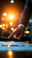 Businessman pointing finger at digital screen with warm bokeh lights in background, dramatic lighting creates professional atmosphere for business presentations.