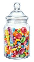 Transparent glass candy jar filled with colorful assorted sweets, lollipops, and fruit-shaped gummies isolated on white background for confectionery retail and design use.