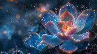 Magical glowing succulent plant with sparkles and bokeh lights in dark blue background. Ethereal nature macro photography with fantasy luminous effects.