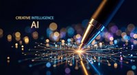 Artificial intelligence concept with golden pen creating digital network connections and glowing data points on dark background for technology presentations.