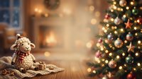 Cozy holiday scene with teddy bear wearing red scarf, wrapped gift, and decorated tree with warm lights in festive home interior.