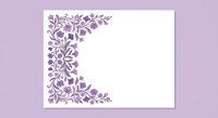 Purple floral corner border with decorative leaves and swirls on white background. Elegant botanical frame design for invitations, cards and stationery.