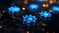 Glowing blue gears on dark circuit board background with bokeh lights create futuristic technological composition representing automation and digital transformation.