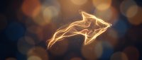 Glowing golden arrow pointing right with bokeh lights, symbolizing growth, progress, direction and success in business and finance concepts.